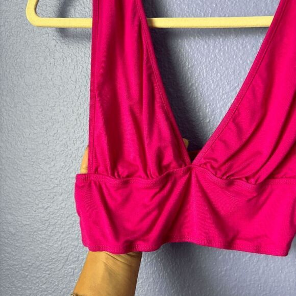 SHEIN BAE Solid Crop Tank Top Hot Pink Backless Stretch Lightweight Small Deep V - Picture 3 of 6